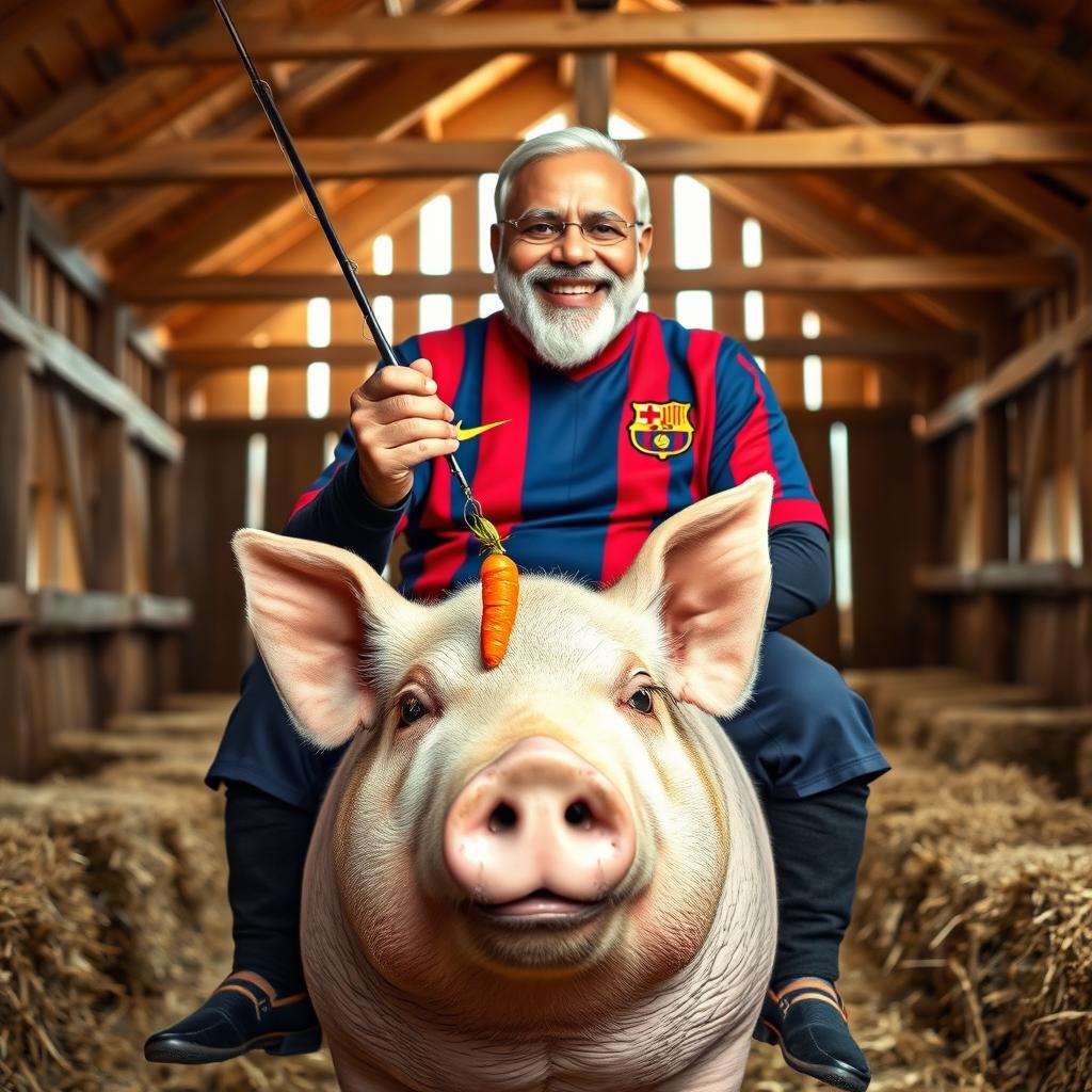 Narendra Modi sitting on a large pig in a rustic barn setting, wearing a Barcelona football jersey, smiling brightly