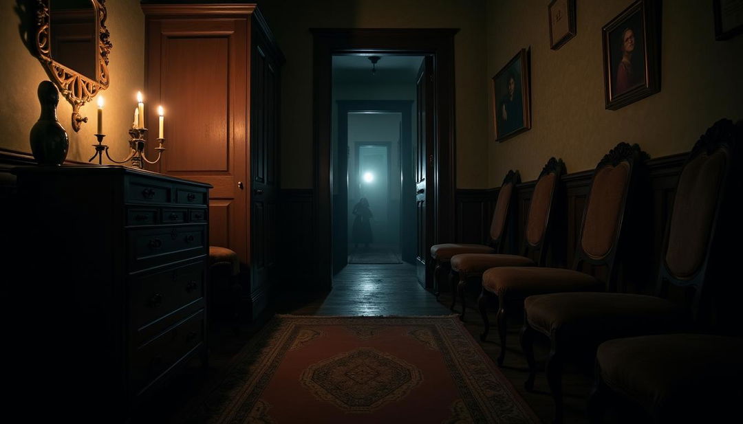 An interior of an old-fashioned house at night, featuring a dark, foreboding hallway that adds to the chilling atmosphere