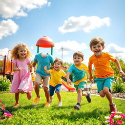 A vibrant and joyful scene featuring a diverse group of children playing together in a sunlit park