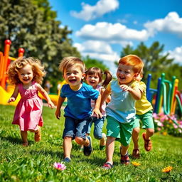 A vibrant and joyful scene featuring a diverse group of children playing together in a sunlit park