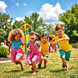 A vibrant and joyful scene featuring a diverse group of children playing together in a sunlit park