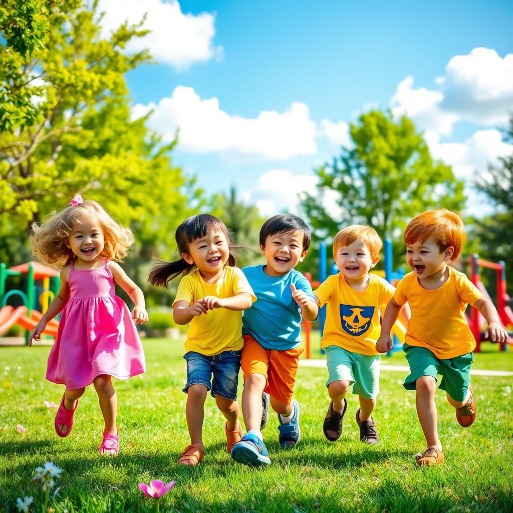 A vibrant and joyful scene featuring a diverse group of children playing together in a sunlit park