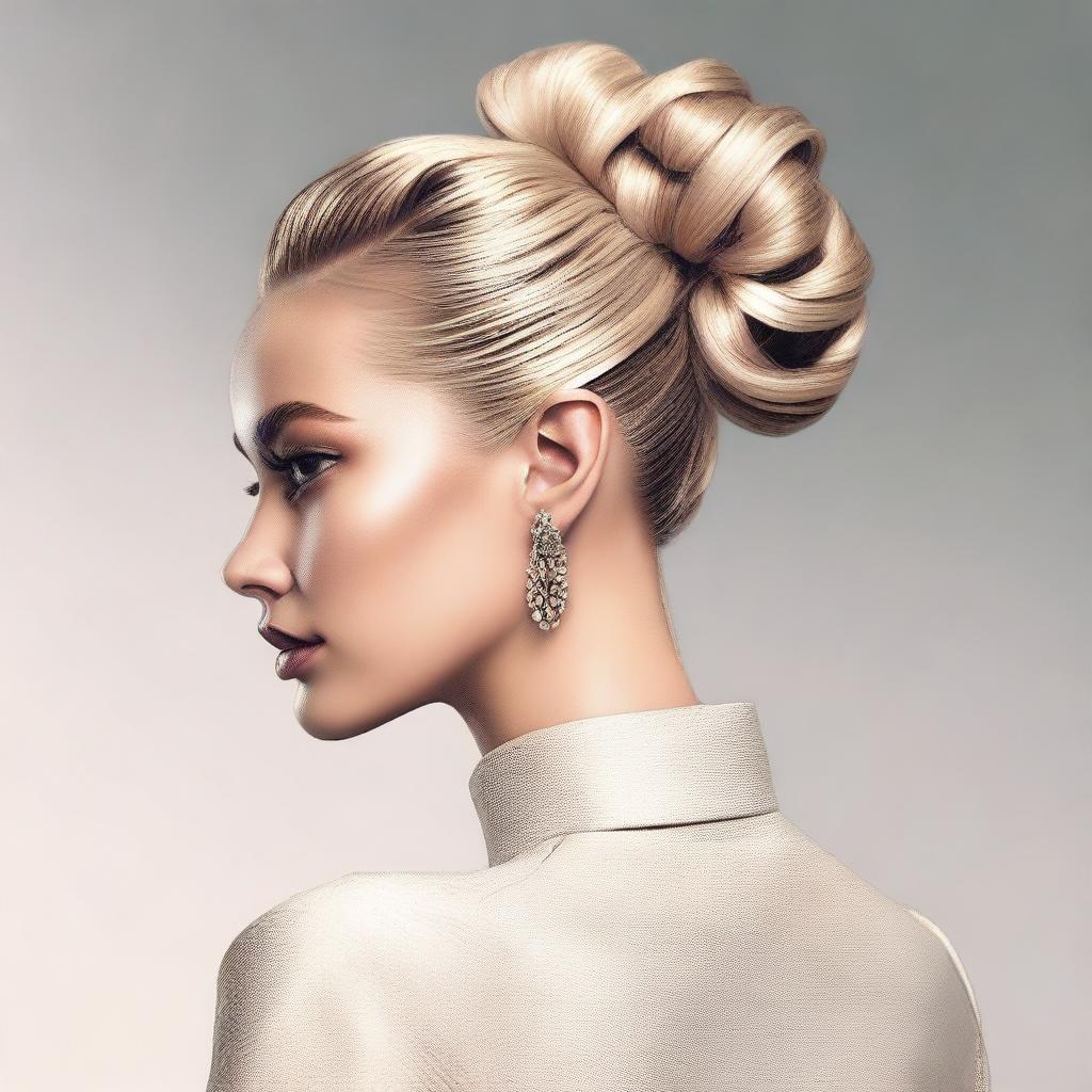 A high-resolution, realistic digital art image of a blonde Instagram model with her hair styled in a neat bun