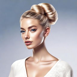 A high-resolution, realistic digital art image of a blonde Instagram model with her hair styled in a neat bun