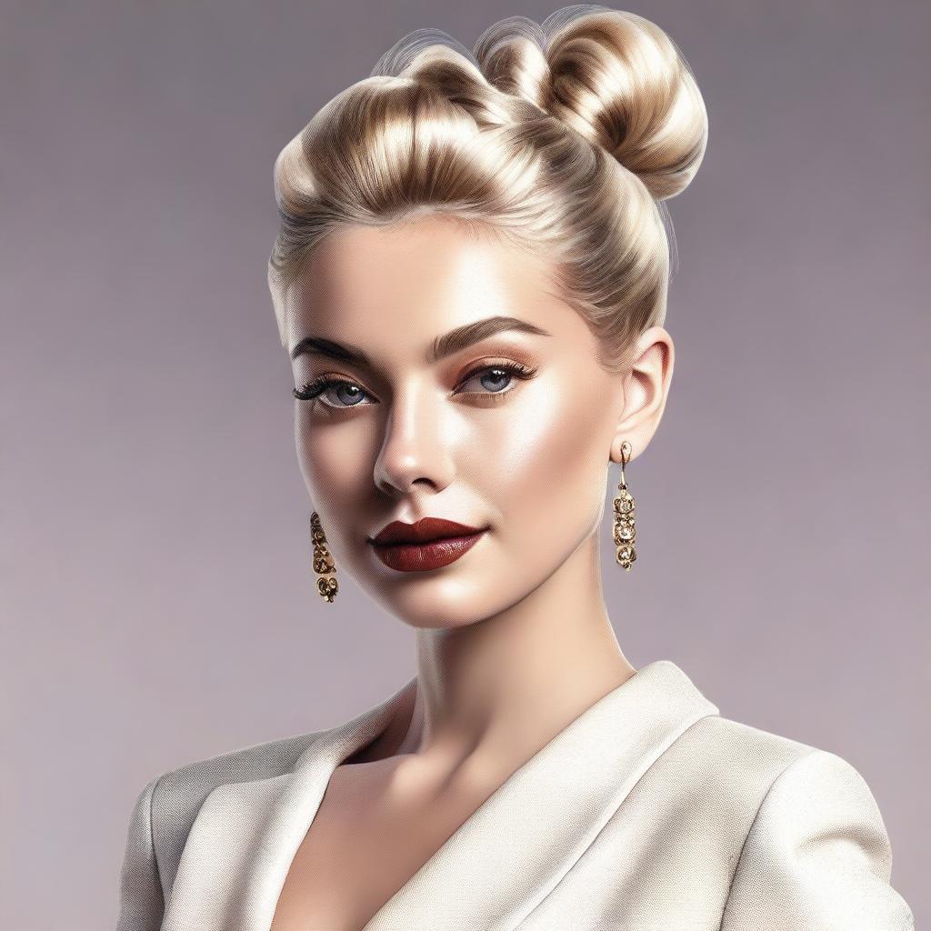 A high-resolution, realistic digital art image of a blonde Instagram model with her hair styled in a neat bun