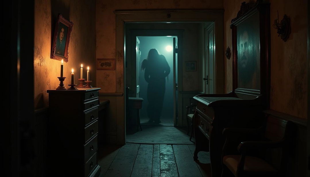 An interior of an old-fashioned house at night, featuring a dark, narrow hallway that adds to the chilling atmosphere