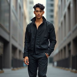 A tall and athletic person with mixed Serbian and Korean heritage, showcasing a strong jawline and striking eyes that blend warmth and intensity