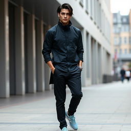 A tall and athletic person with mixed Serbian and Korean heritage, showcasing a strong jawline and striking eyes that blend warmth and intensity