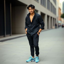 A tall and athletic person with mixed Serbian and Korean heritage, showcasing a strong jawline and striking eyes that blend warmth and intensity