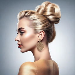 A high-resolution, realistic digital art image of a blonde Instagram model with her hair styled in a neat bun