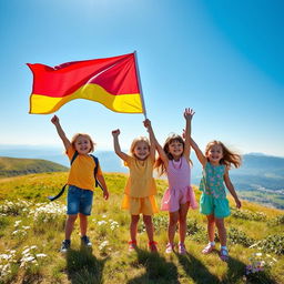 Three children joyfully raising a flag on a sunny day, standing on a grassy hilltop