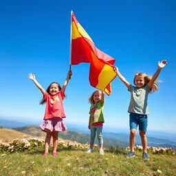 Three children joyfully raising a flag on a sunny day, standing on a grassy hilltop