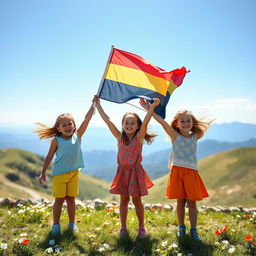Three children joyfully raising a flag on a sunny day, standing on a grassy hilltop