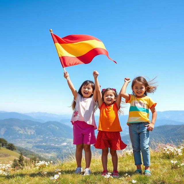 Three children joyfully raising a flag on a sunny day, standing on a grassy hilltop