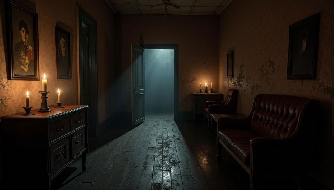 An interior of an old-style house featuring a dark corridor, creating a chilling atmosphere at night