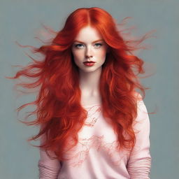 A high-definition, realistic digital art image of a red-headed Instagram model