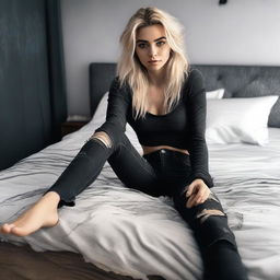 A high-resolution, realistic digital art image of a blonde Instagram model wearing ripped black jeans