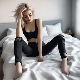 A high-resolution, realistic digital art image of a blonde Instagram model wearing ripped black jeans