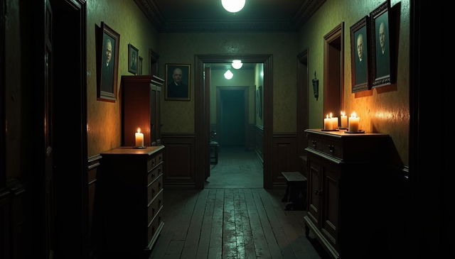 An interior of an old-fashioned house at night, featuring a dark, eerie hallway that adds to the unsettling atmosphere