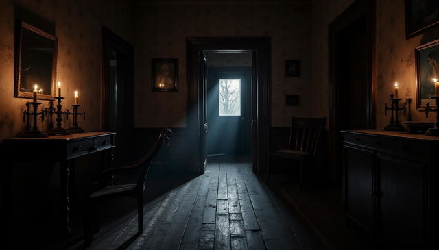 An interior of an old-style house featuring a dark, shadowy hallway that evokes a chilling and suspenseful atmosphere