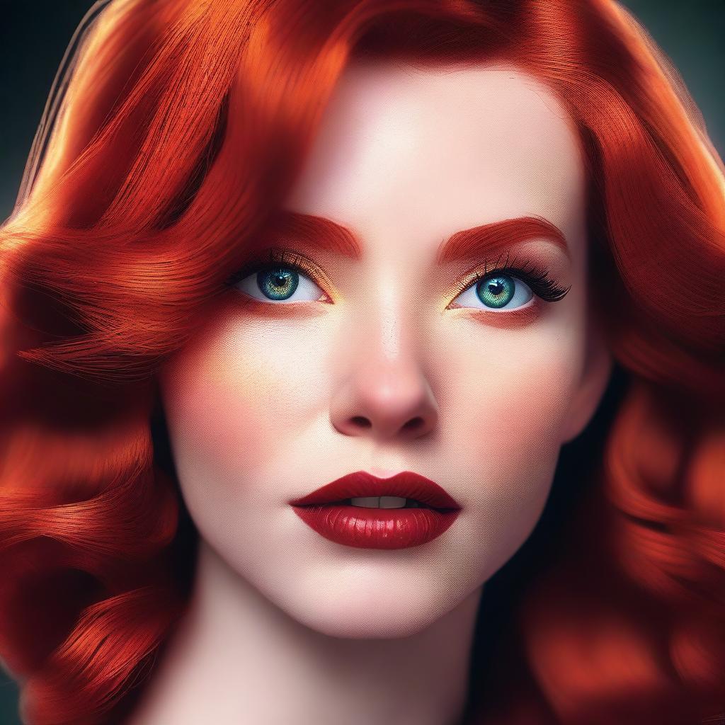 A high-definition, realistic digital art image of a red-headed woman resembling the popular internet personality, Amouranth