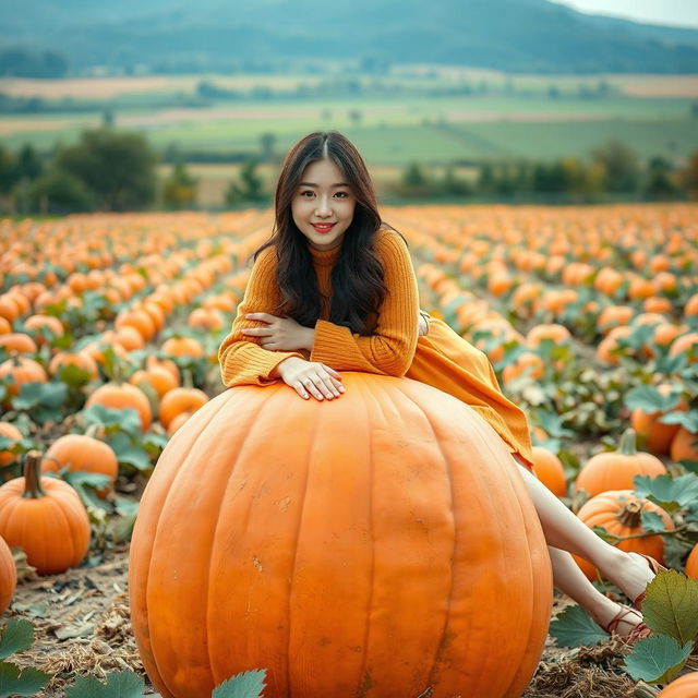 A beautiful Korean woman gracefully posing and sitting on a large pumpkin, facing the camera with a gentle smile