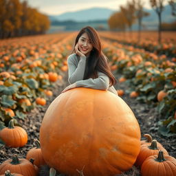 A beautiful Korean woman gracefully posing and sitting on a large pumpkin, facing the camera with a gentle smile