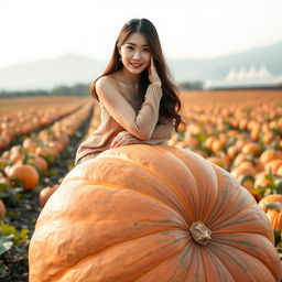 A beautiful Korean woman gracefully posing and sitting on a large pumpkin, facing the camera with a gentle smile
