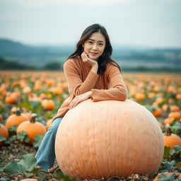 A beautiful Korean woman gracefully posing and sitting on a large pumpkin, facing the camera with a gentle smile