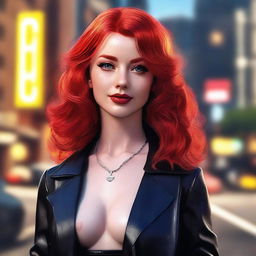 A high-definition, realistic digital art image of a red-headed woman resembling the popular internet personality, Amouranth