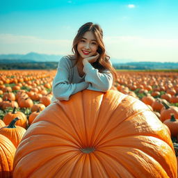 Beautiful Korean woman posing gracefully and attractively while sitting on a large pumpkin, facing the camera with a soft smile