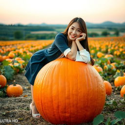 Beautiful Korean woman posing gracefully and attractively while sitting on a large pumpkin, facing the camera with a soft smile