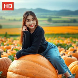 Beautiful Korean woman posing gracefully and attractively while sitting on a large pumpkin, facing the camera with a soft smile