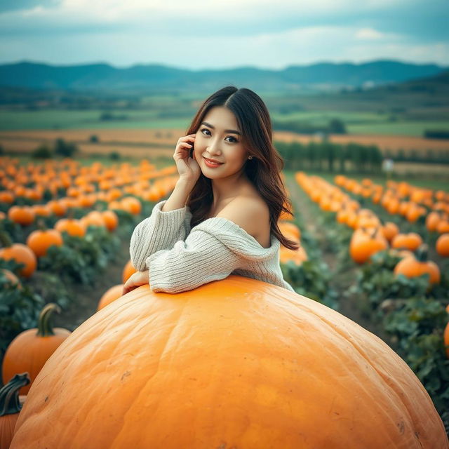 Beautiful Korean woman posing gracefully and attractively while sitting on a large pumpkin, facing the camera with a soft smile