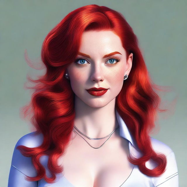 A high-definition, realistic digital art image of a red-headed woman resembling the popular internet personality, Amouranth