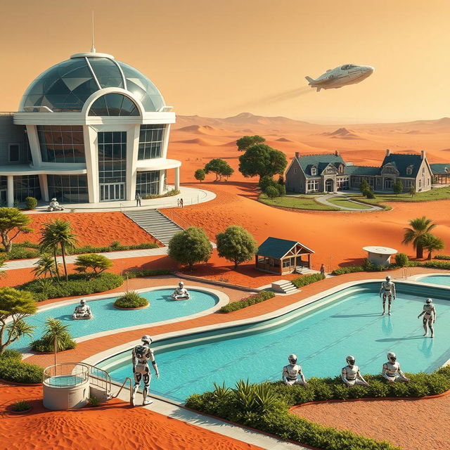 A futuristic school building situated on Mars, designed with sleek, modern architecture and large transparent domes