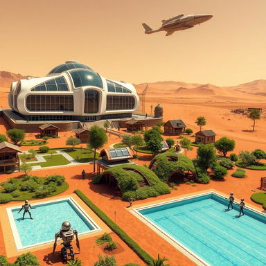 A futuristic school building situated on Mars, designed with sleek, modern architecture and large transparent domes