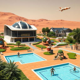 A futuristic school building situated on Mars, designed with sleek, modern architecture and large transparent domes