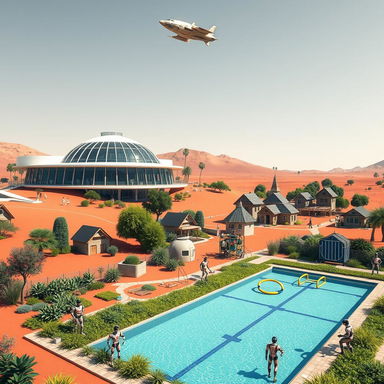 A futuristic school building situated on Mars, designed with sleek, modern architecture and large transparent domes