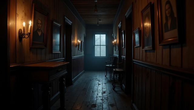 An interior of a vintage house featuring a dark, foreboding corridor that leads into shadowy depths