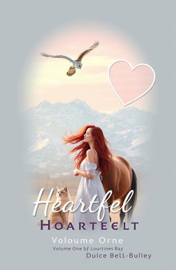A serene scene depicting a woman with flowing red hair lifted gently by the breeze, standing gracefully beside a majestic horse and a fluffy cat