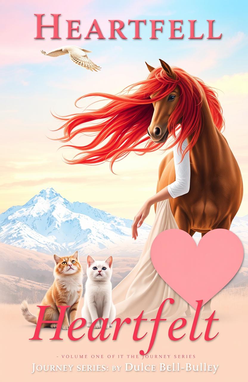 A serene scene depicting a woman with flowing red hair lifted gently by the breeze, standing gracefully beside a majestic horse and a fluffy cat