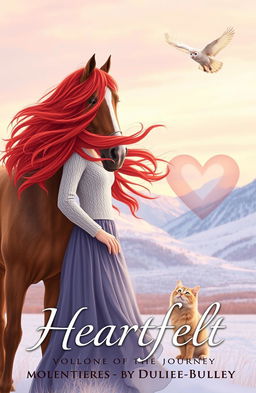 A serene scene depicting a woman with flowing red hair lifted gently by the breeze, standing gracefully beside a majestic horse and a fluffy cat