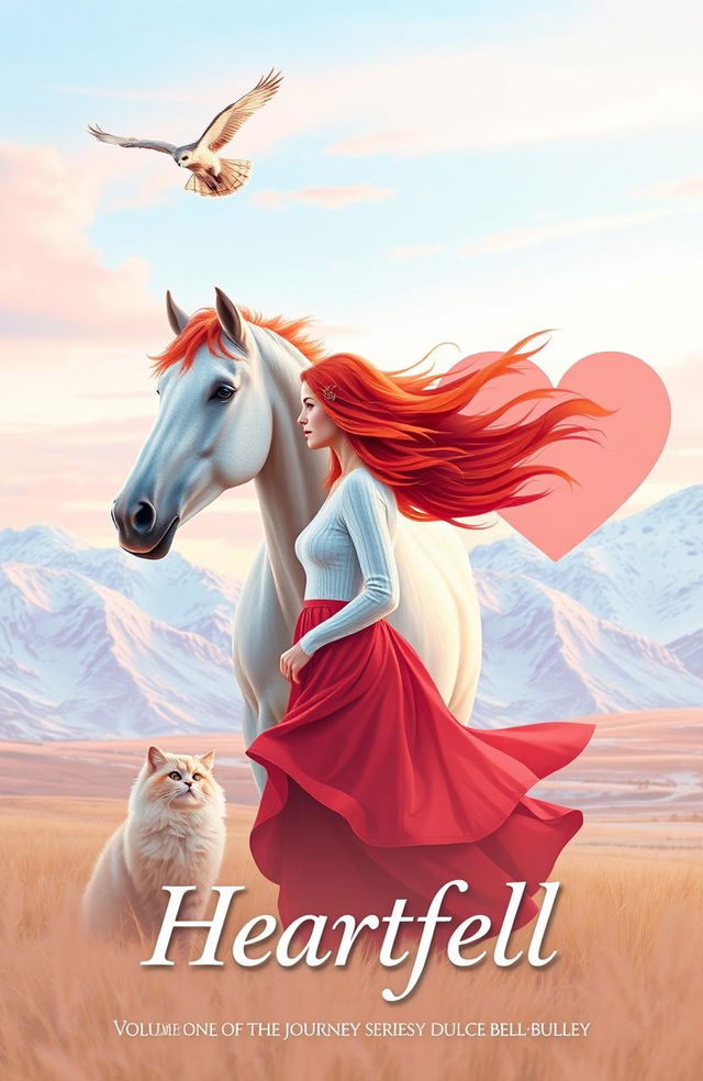 A serene scene depicting a woman with flowing red hair lifted gently by the breeze, standing gracefully beside a majestic horse and a fluffy cat