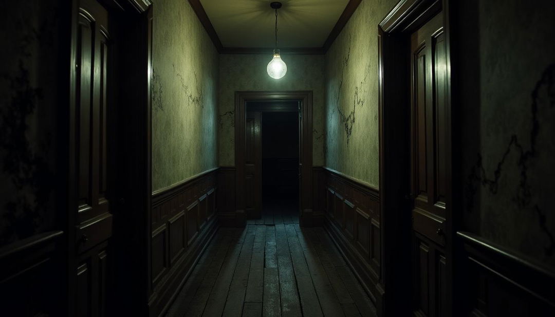 An interior of an old-fashioned house featuring a dark, foreboding corridor at night, imbued with a chilling atmosphere