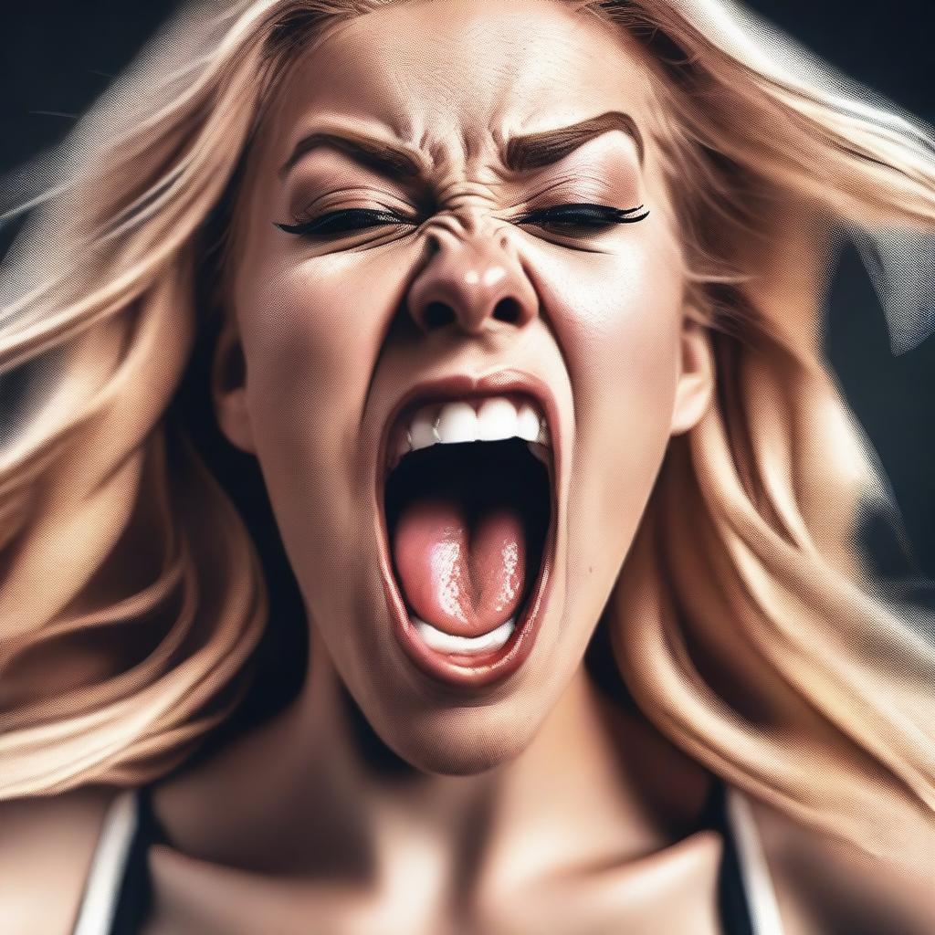 A high-resolution digital art image of a blonde Instagram model captured mid-scream