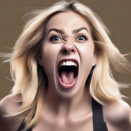 A high-resolution digital art image of a blonde Instagram model captured mid-scream