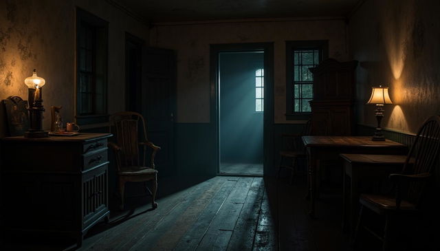 An interior of an old-fashioned house at night, featuring a dark, foreboding hallway that enhances the chilling atmosphere