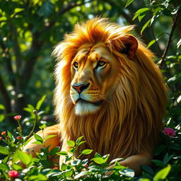 A majestic lion sitting in a lush, verdant jungle, showcasing a look of contemplation and concern on its face