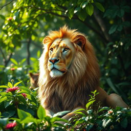 A majestic lion sitting in a lush, verdant jungle, showcasing a look of contemplation and concern on its face